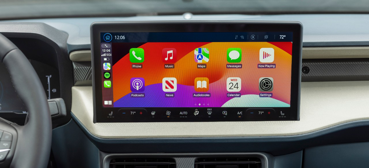 Ford Maverick's dashboard display screen showing Apple CarPlay interface with various app icons.